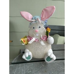 VTG Easter Lighted Bunny  Decor  Popcorn Style Melted Plastic Blue hat Flowers